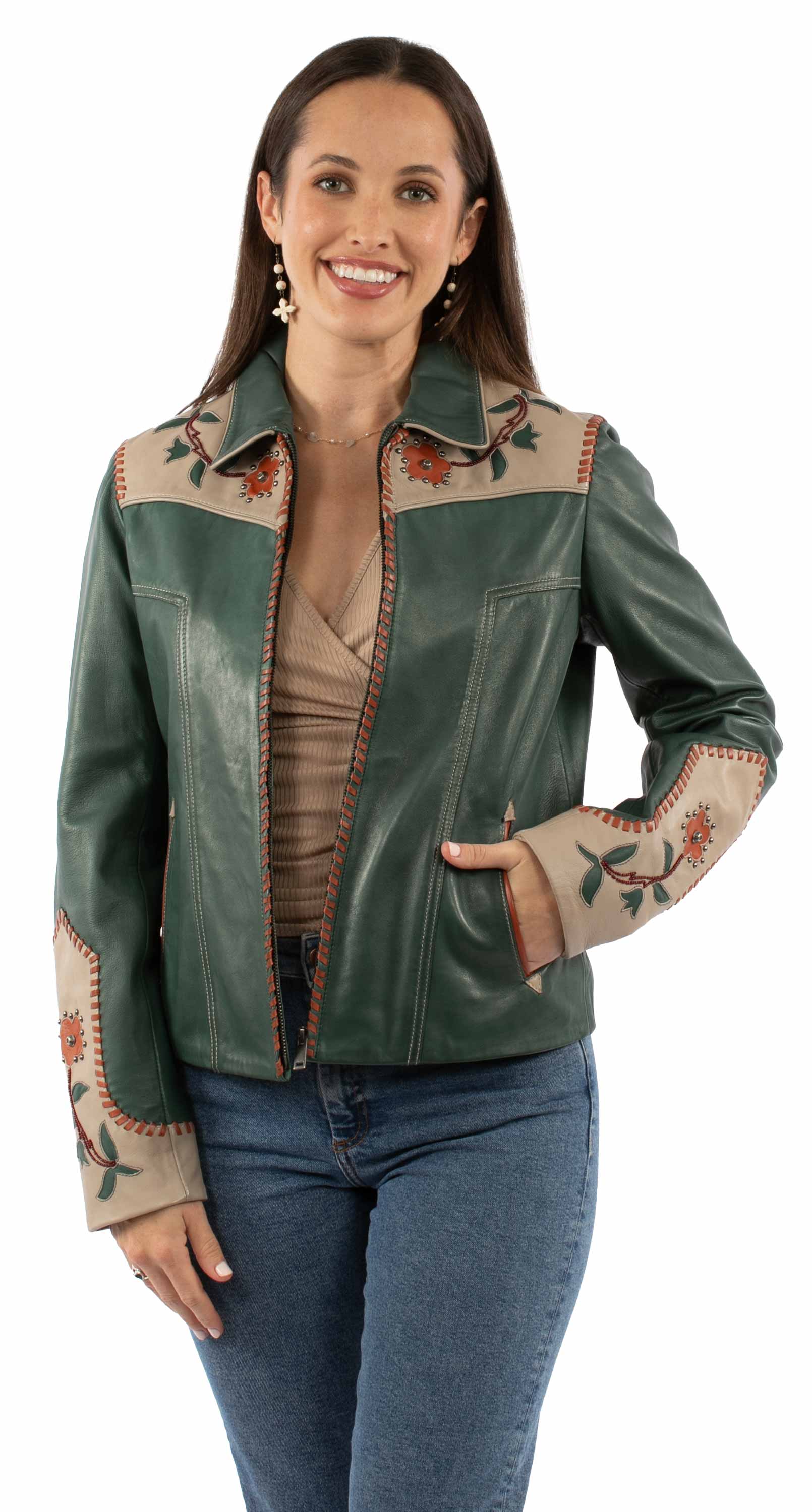 Luxurious Teal Leather Zippered Front Jacket With Exquisite Floral Inlay For Women