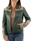 Luxurious Teal Leather Zippered Front Jacket With Exquisite Floral Inlay For Women