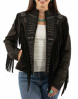 Beaded Lambskin Leather Jacket With Artisanal Embroidery Across Front Yoke And Fringe