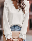 Lola Ribbed Texture Lace Trim V Neck Long Sleeve Top