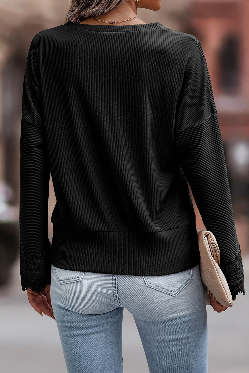 Lola Ribbed Texture Lace Trim V Neck Long Sleeve Top
