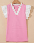 Serena Contrast V Neck Ruffled Textured Knit Top