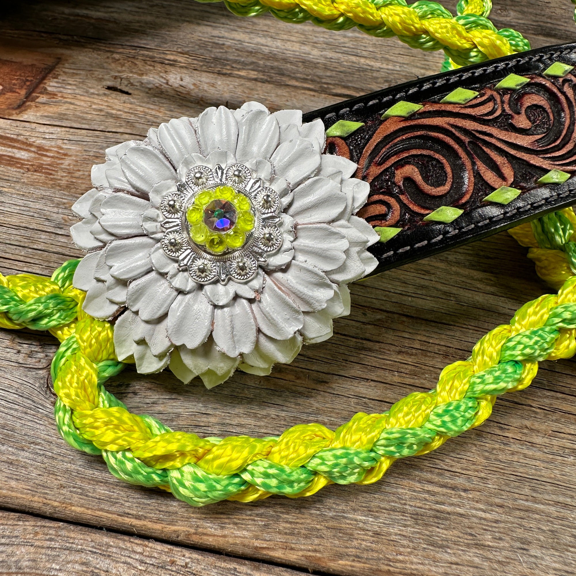 Yellow and Lime Mule Tape Halter - White Daisy 