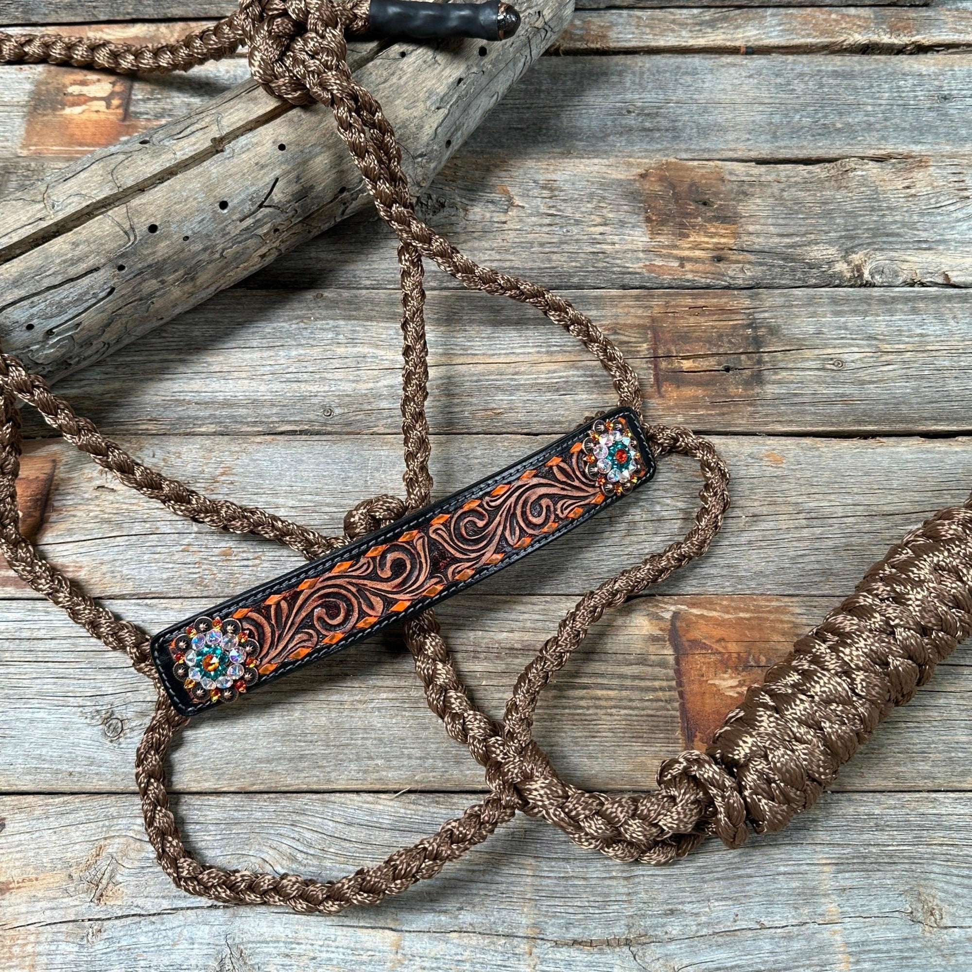 Brown Mule Tape Halter - Orange and Teal 