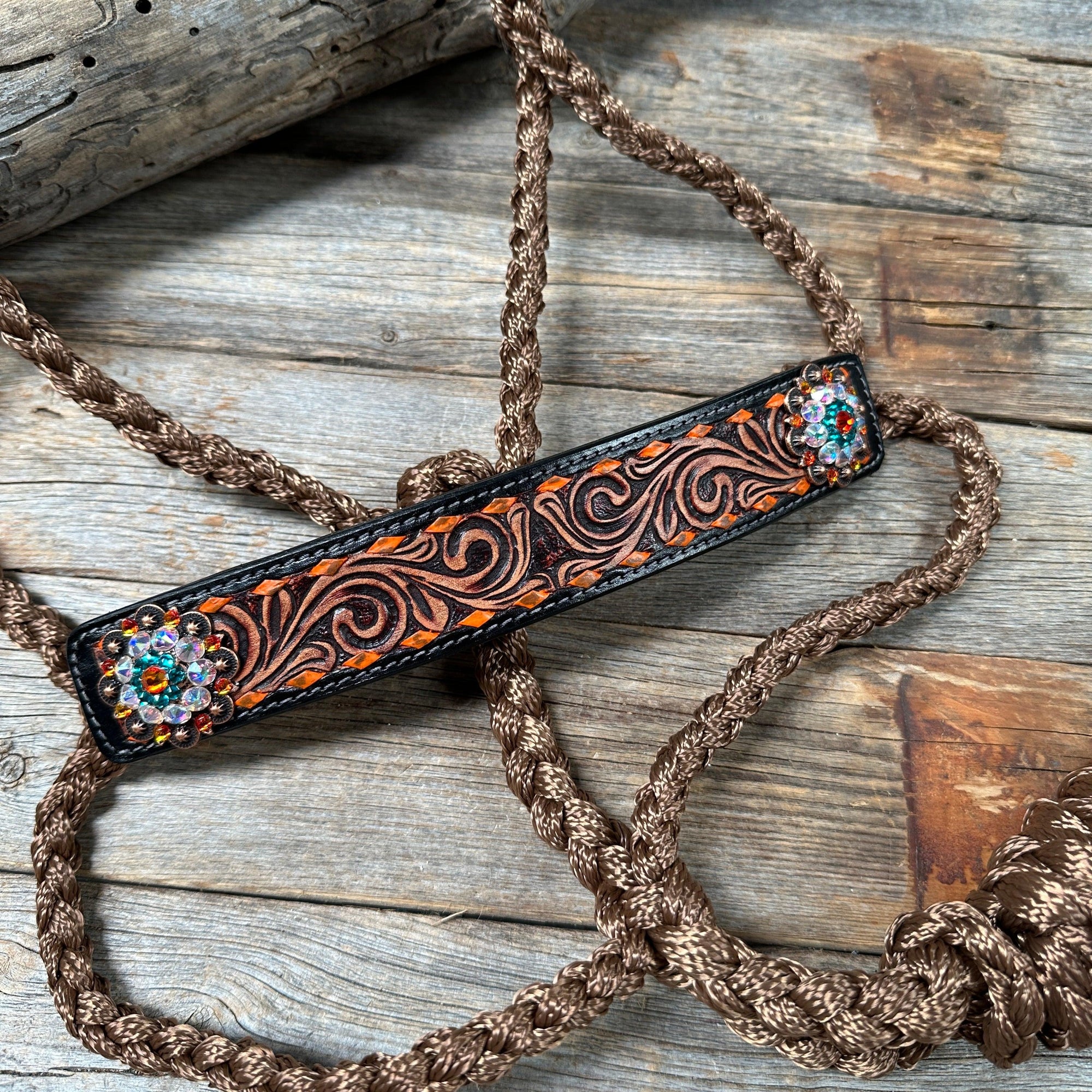 Brown Mule Tape Halter - Orange and Teal 