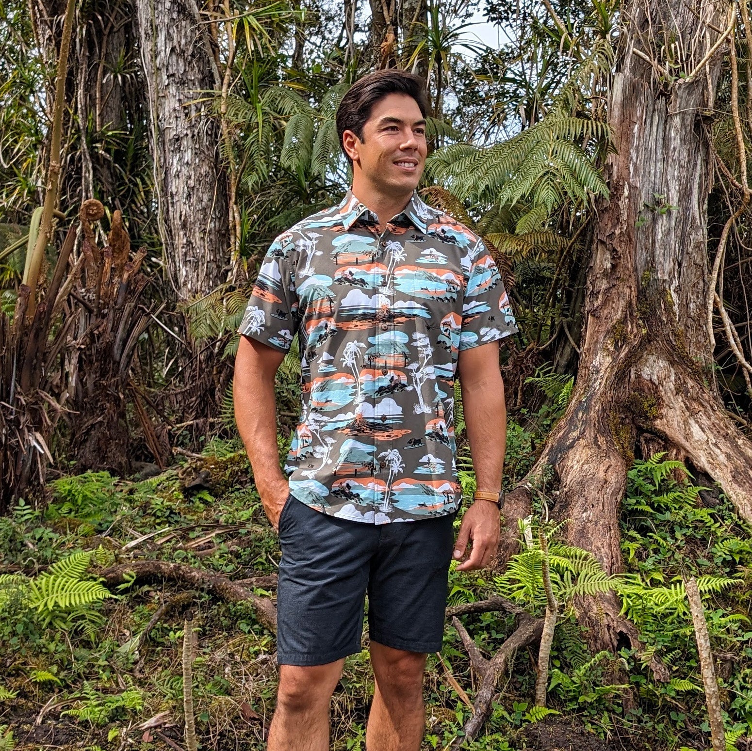 Mauka To Makai Print Recycled Polyester Hawaiian Aloha Shirt With UPF Protection