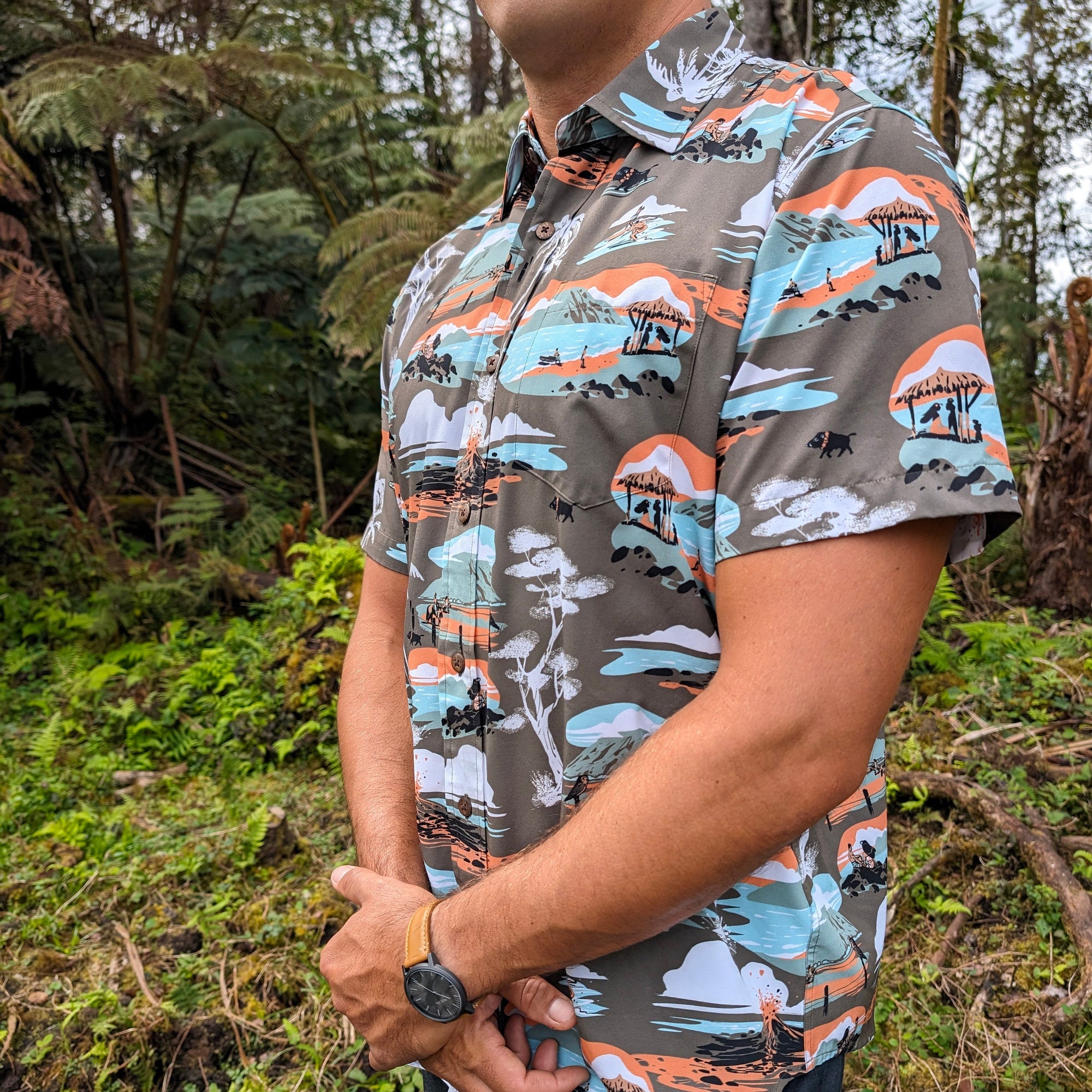 Mauka To Makai Print Recycled Polyester Hawaiian Aloha Shirt With UPF Protection