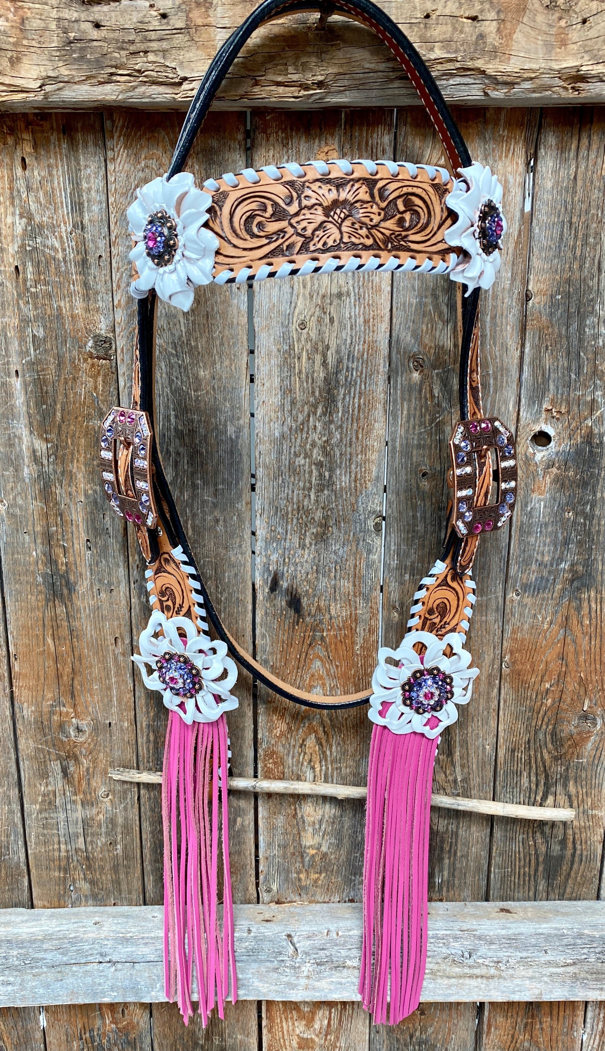 White Whipstitch Pink and White Browband/One Ear &amp; Breastcollar Tack Set 