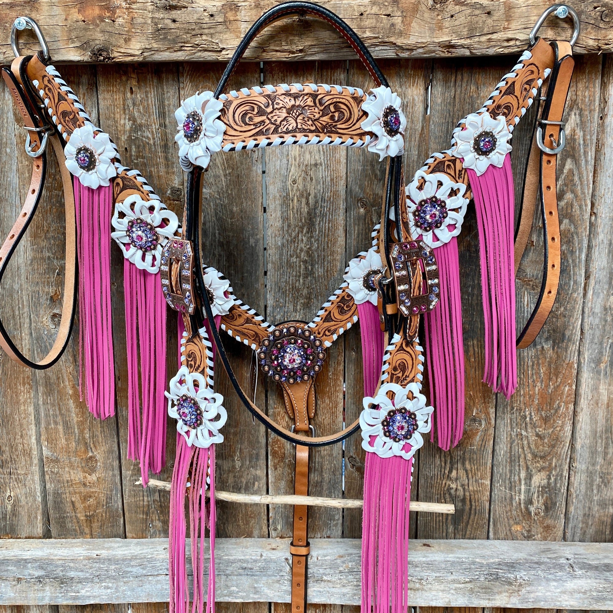 White Whipstitch Pink and White Browband/One Ear &amp; Breastcollar Tack Set 