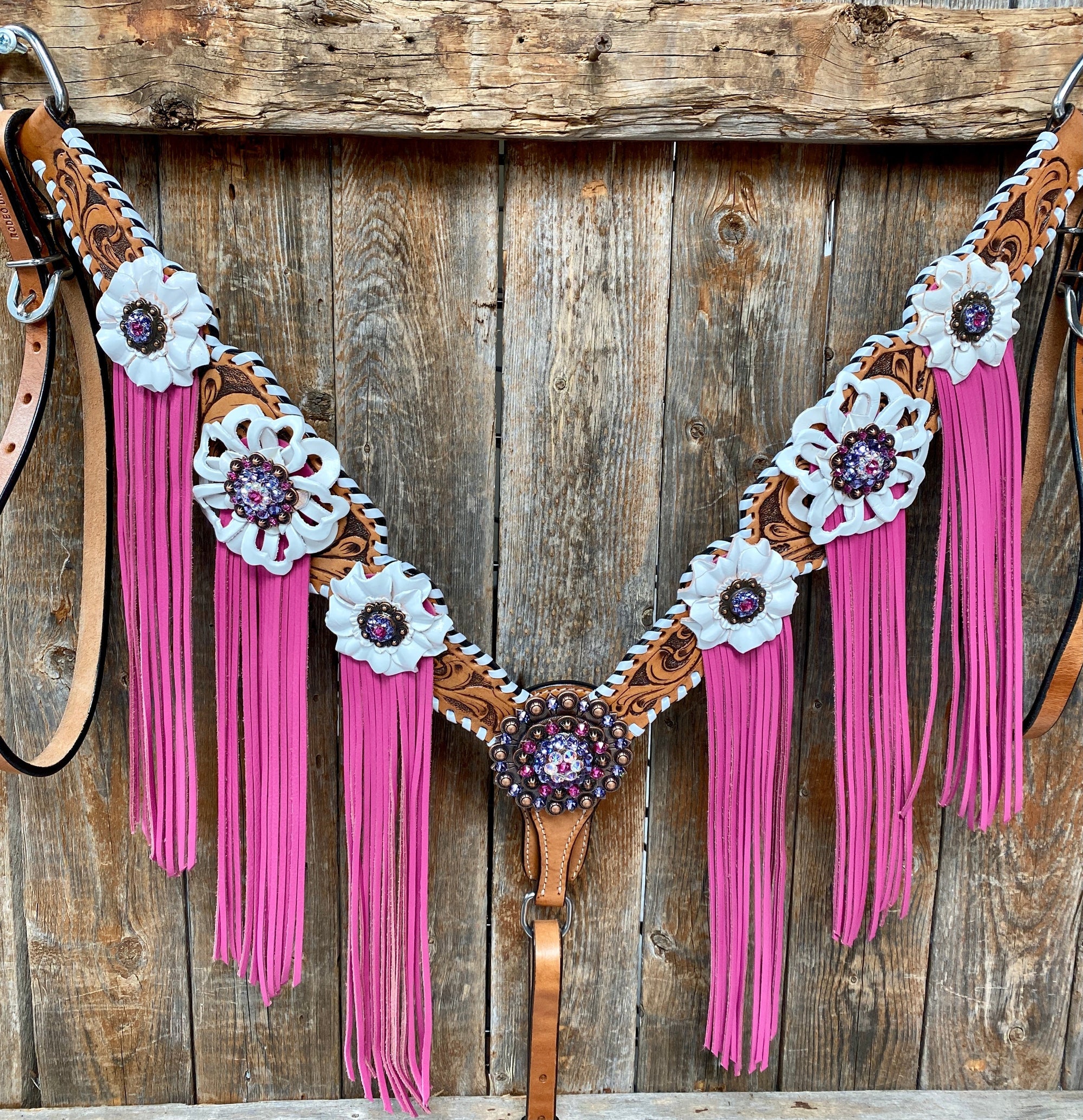 White Whipstitch Pink and White Browband/One Ear &amp; Breastcollar Tack Set 