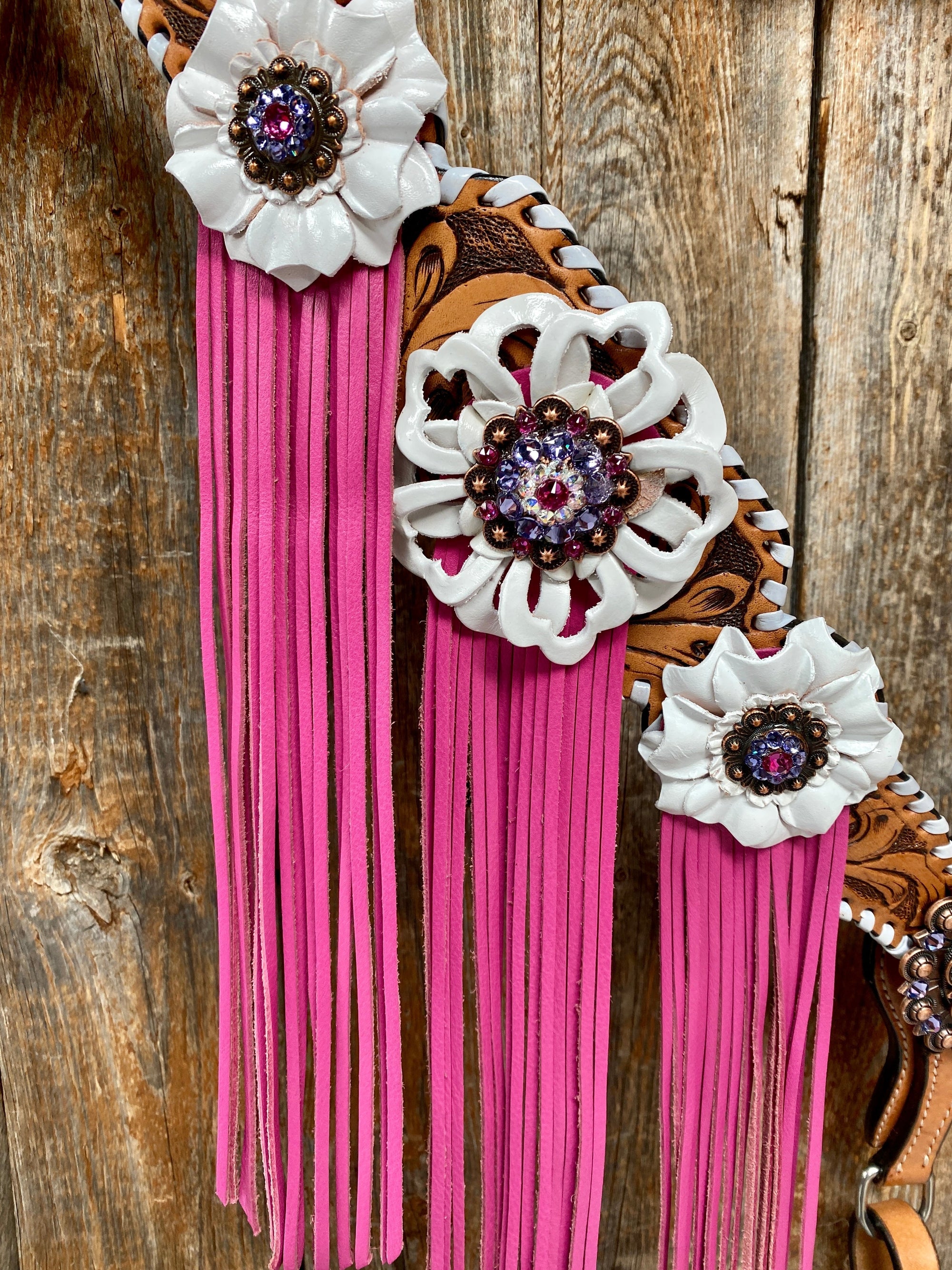 White Whipstitch Pink and White Browband/One Ear &amp; Breastcollar Tack Set 