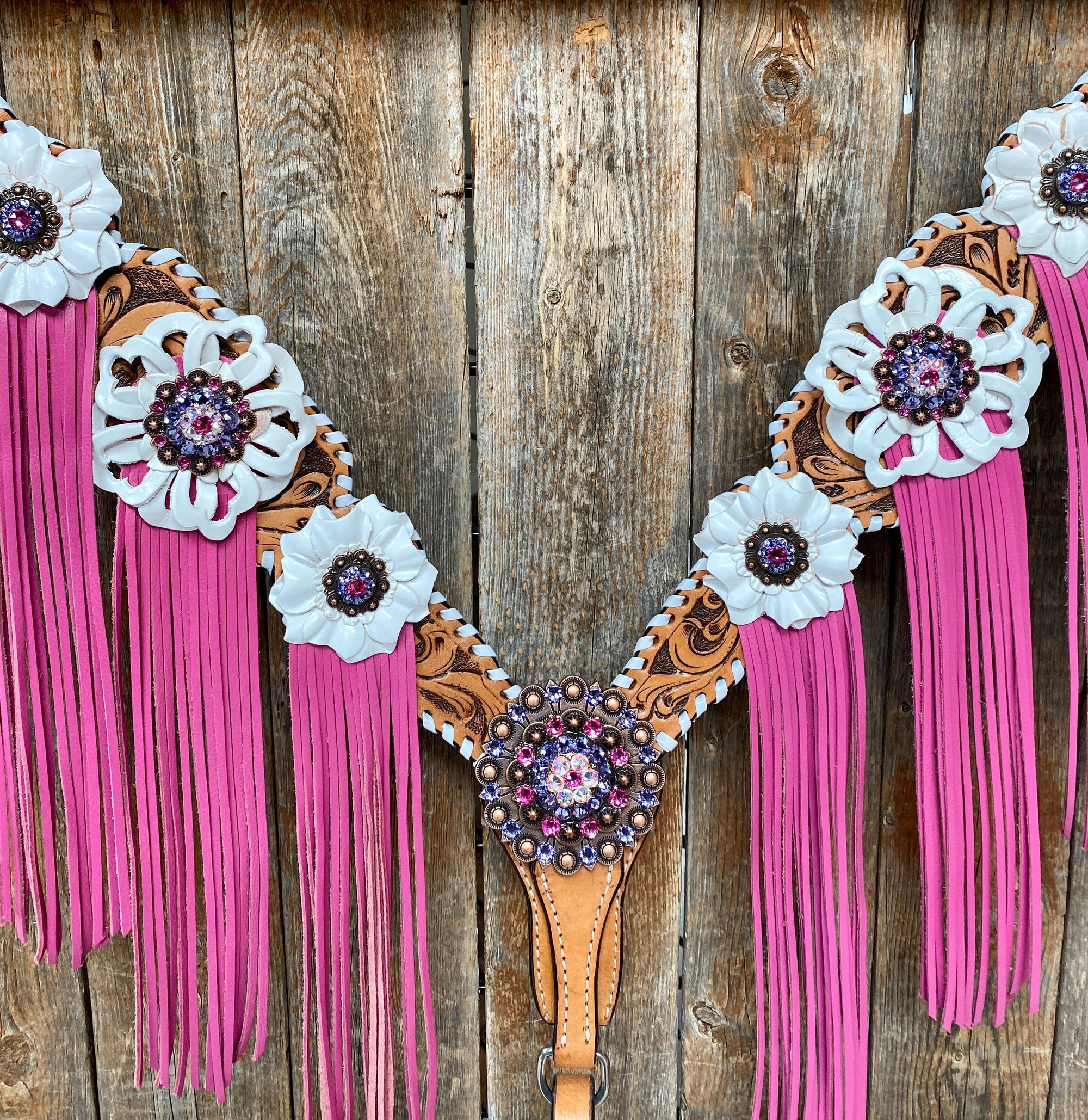 White Whipstitch Pink and White Browband/One Ear &amp; Breastcollar Tack Set 