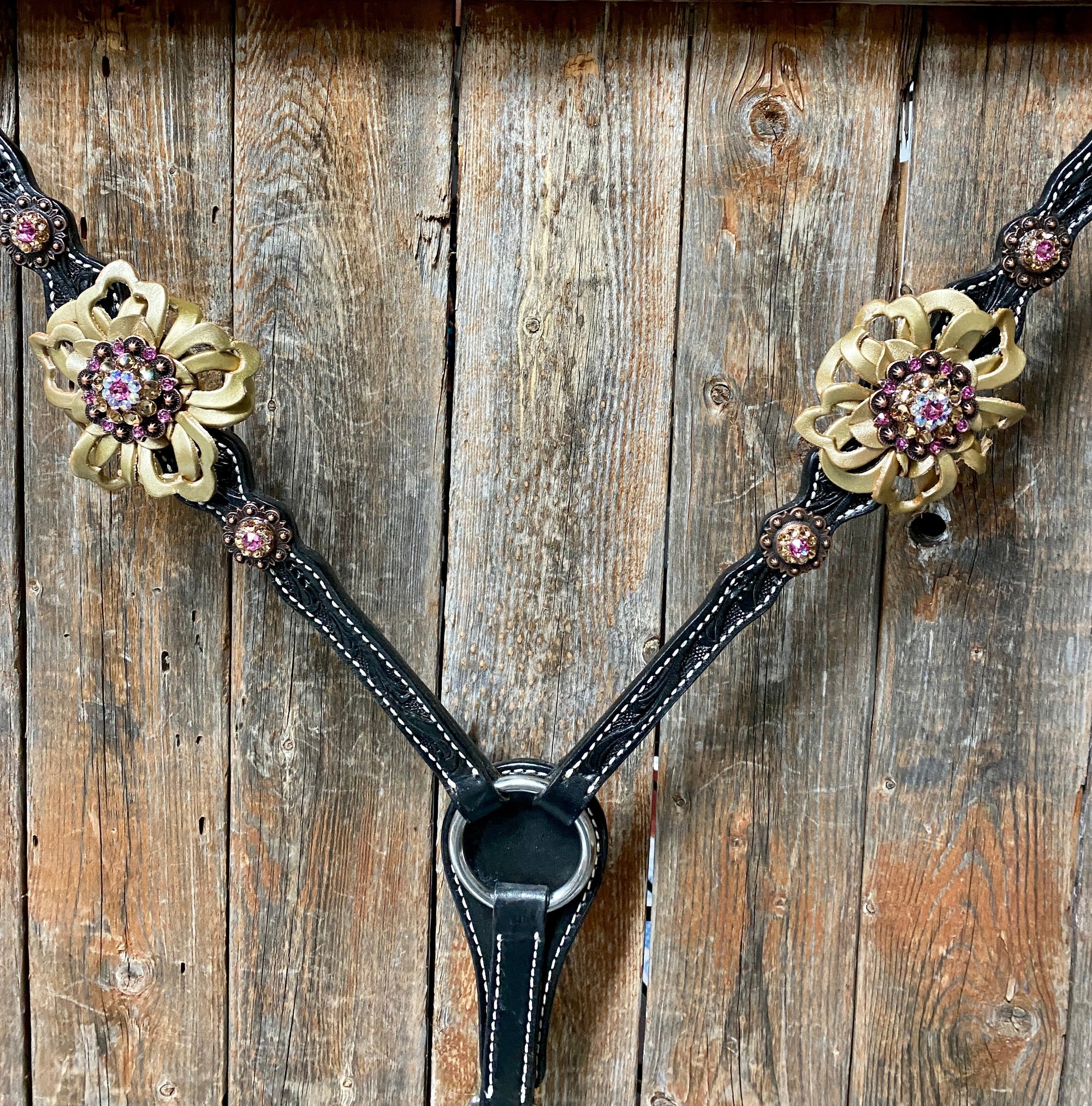 Black Floral Pink and Gold One Ear &amp; Breastcollar Tack Set 
