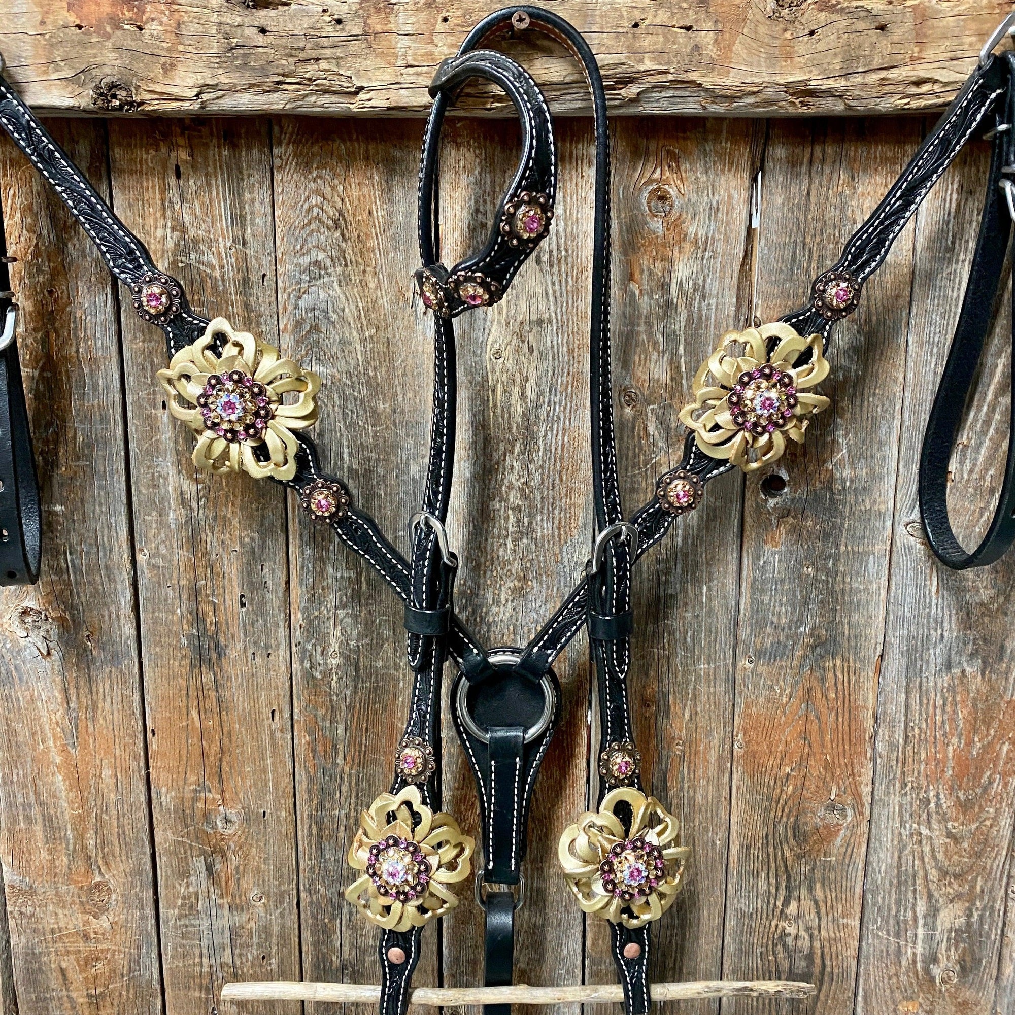 Black Floral Pink and Gold One Ear &amp; Breastcollar Tack Set 