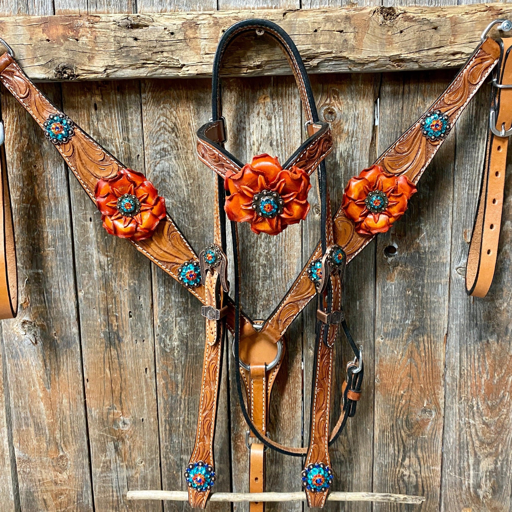 Light Oil Floral Tooled Orange and Teal Browband &amp; Breastcollar Tack Set 