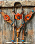 Light Oil Floral Tooled Orange and Teal Browband & Breastcollar Tack Set 