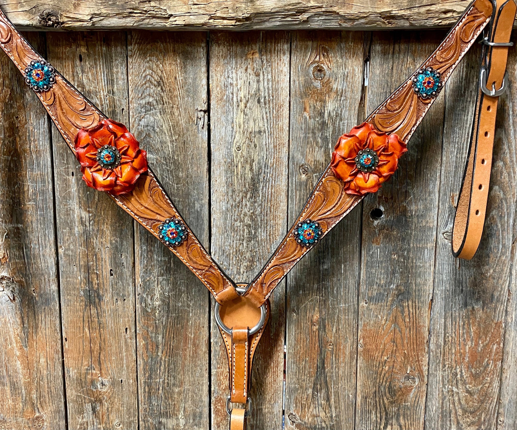 Light Oil Floral Tooled Orange and Teal Browband &amp; Breastcollar Tack Set 