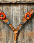 Light Oil Floral Tooled Orange and Teal Browband & Breastcollar Tack Set 