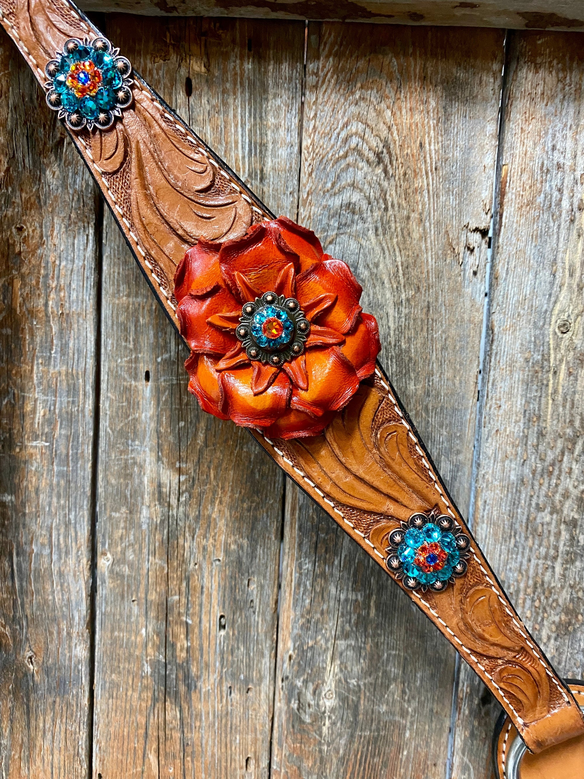 Light Oil Floral Tooled Orange and Teal Browband &amp; Breastcollar Tack Set 