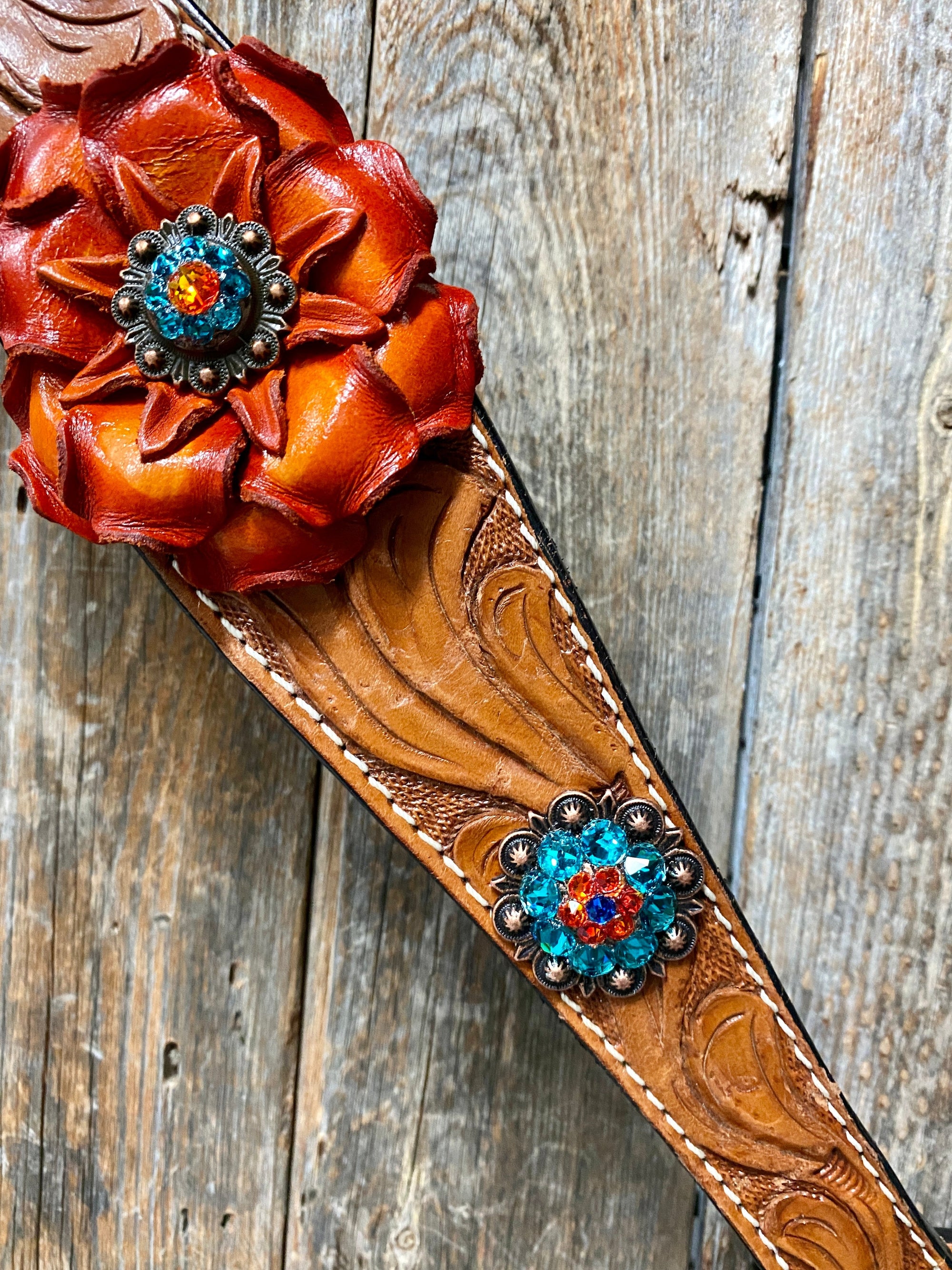 Light Oil Floral Tooled Orange and Teal Browband &amp; Breastcollar Tack Set 