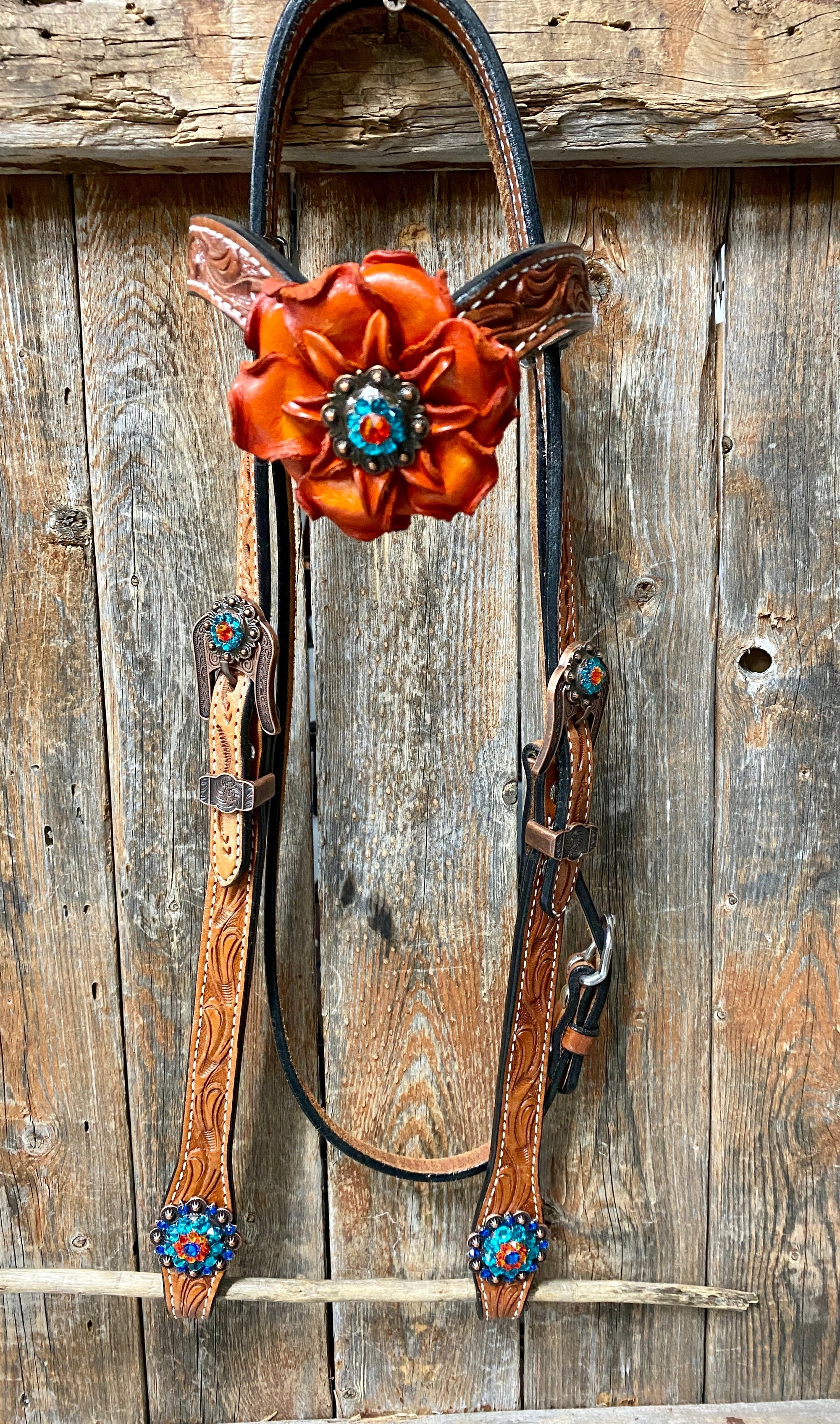 Light Oil Floral Tooled Orange and Teal Browband &amp; Breastcollar Tack Set 
