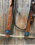 Light Oil Floral Tooled Orange and Teal Browband & Breastcollar Tack Set 