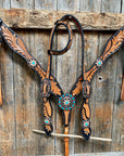 Two Tone Leaf Floral Turquoise One Ear & Breastcollar Tack Set 