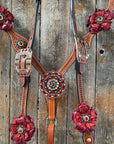 Light Oil Basketweave Champagne and Red One Ear & Breastcollar Tack Set 