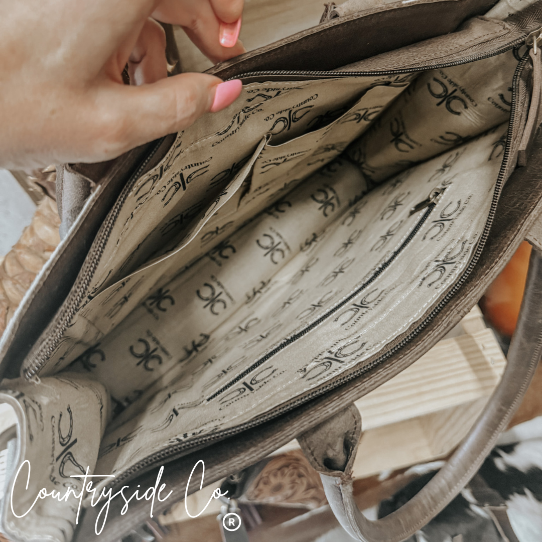 Jesse Cowhide and Tooled Leather Tote Purse by Countryside Co.