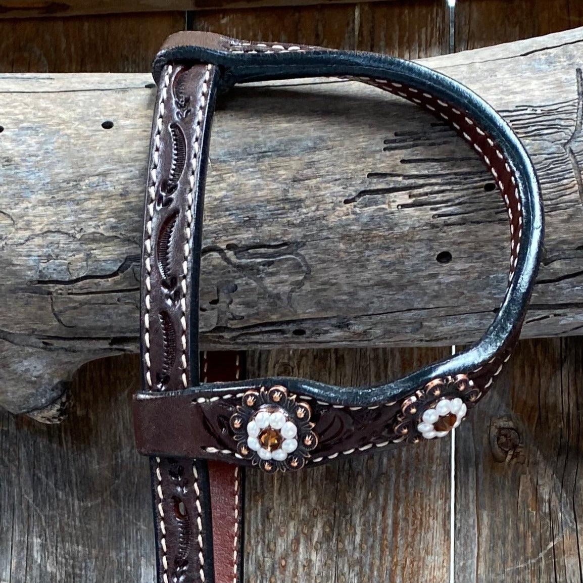 Dark Oil One Ear Headstall / Bridle - White Flower &amp; European Crystal Conchos 