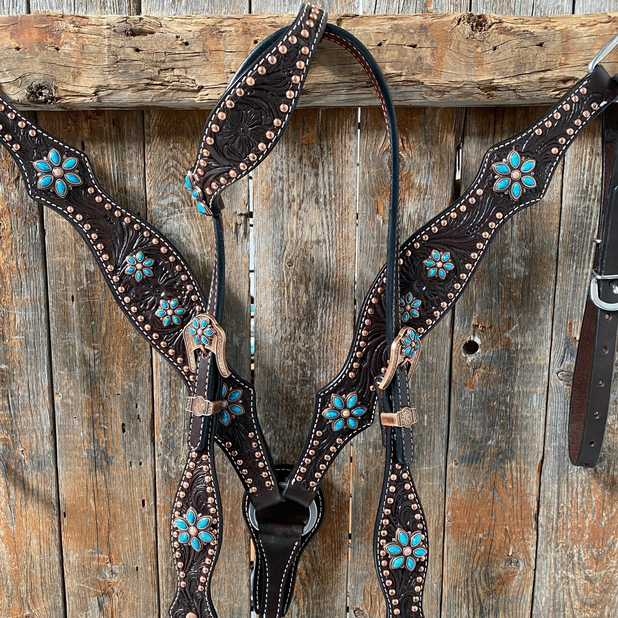 Dark Oil Turquoise Floral One Ear / Browband &amp; Breastcollar Tack Set 