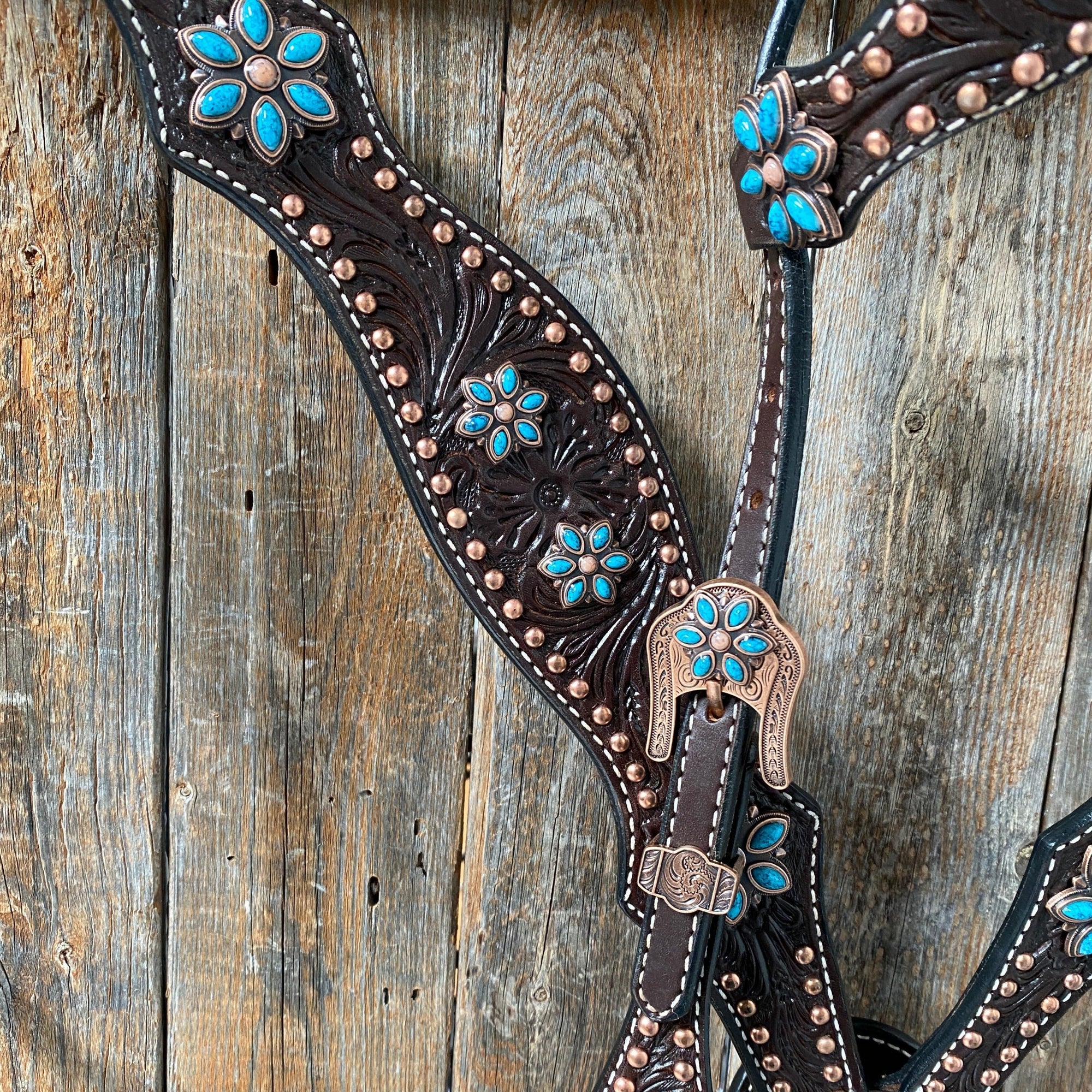 Dark Oil Turquoise Floral One Ear / Browband &amp; Breastcollar Tack Set 