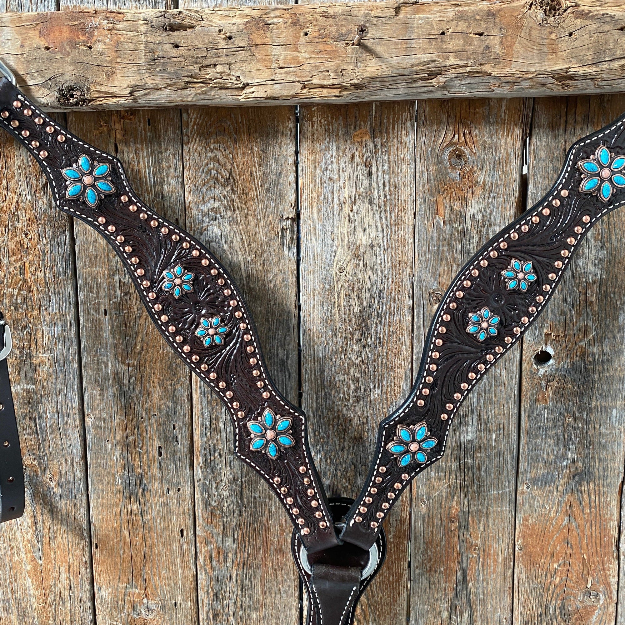 Dark Oil Turquoise Floral One Ear / Browband &amp; Breastcollar Tack Set 