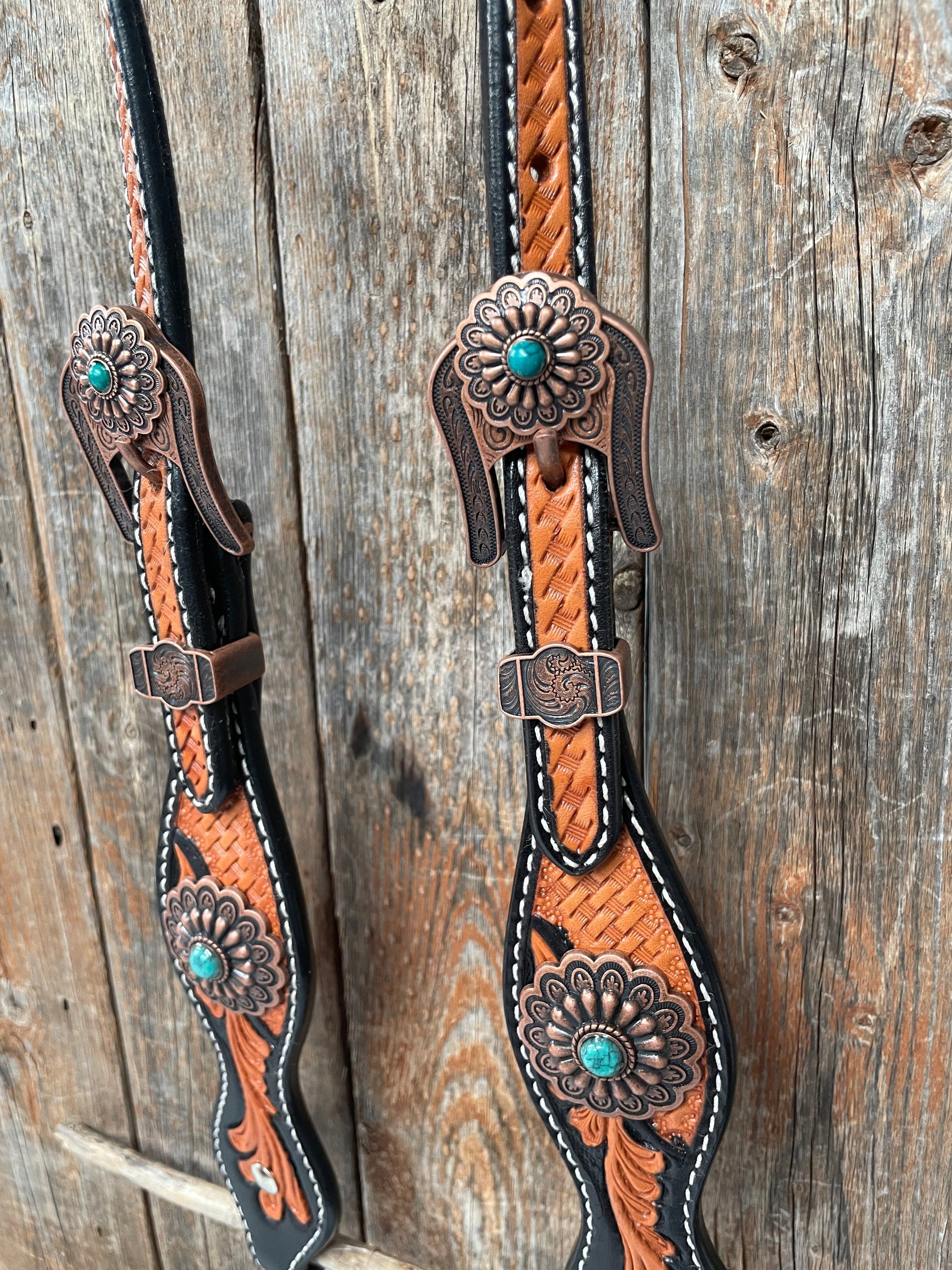 Two Tone Leaf Copper Flower Turquoise One Ear &amp; Breastcollar Tack Set 