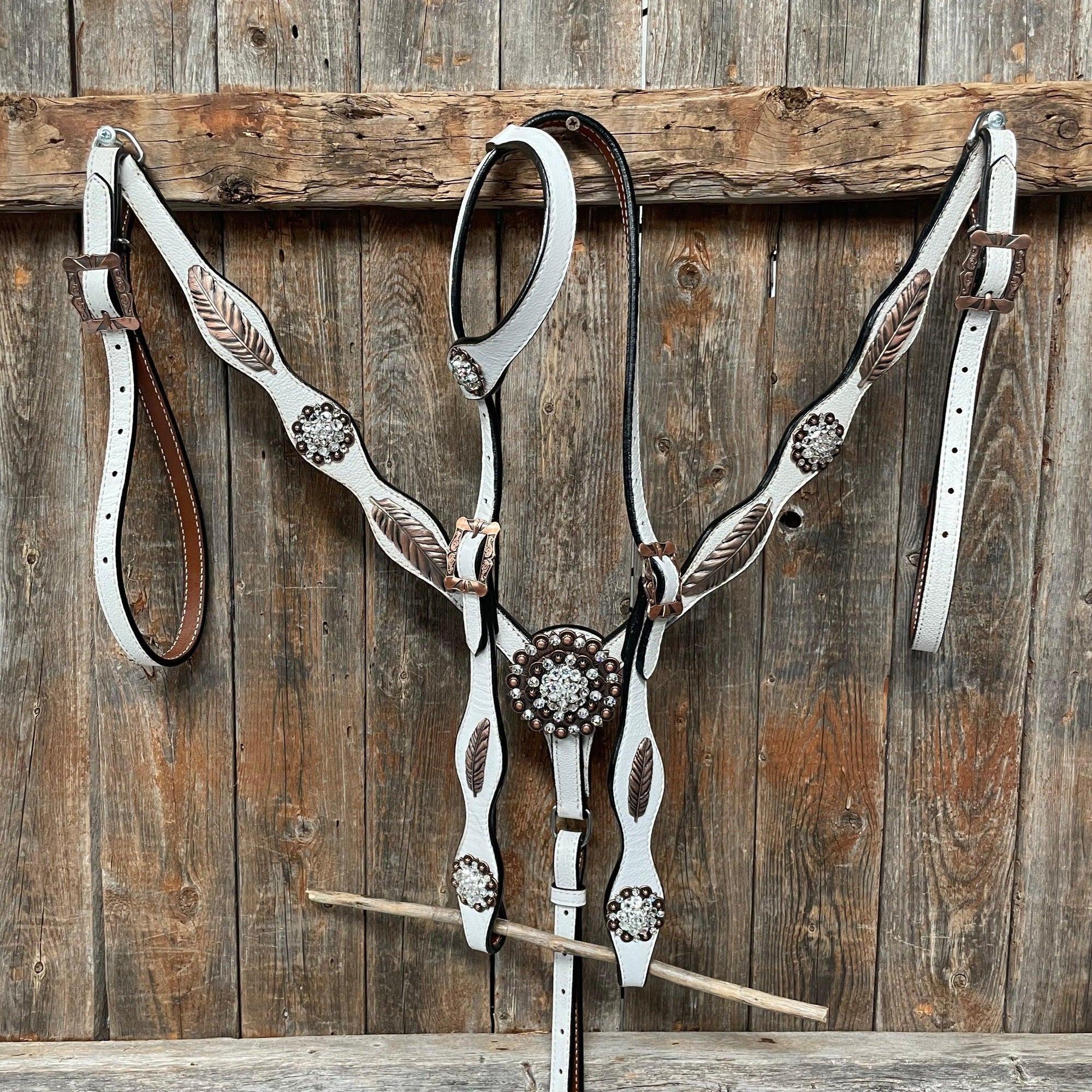 White Leather Copper Clear and Feather  Browband/One Ear Tack Set 