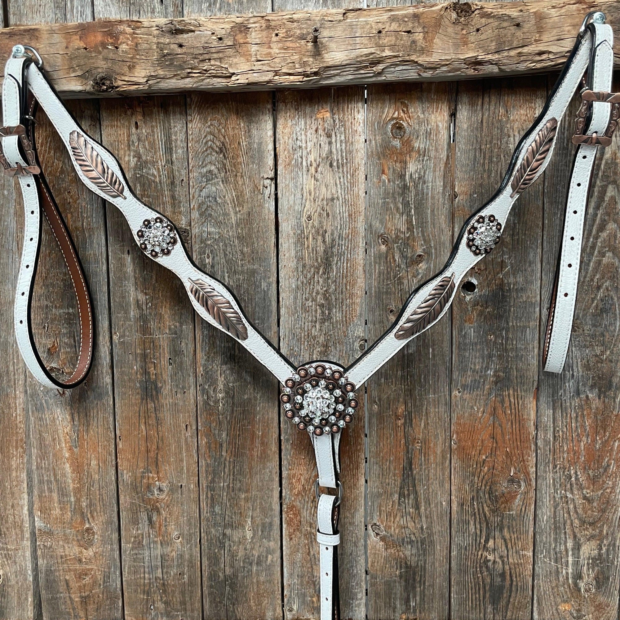 White Leather Copper Clear and Feather  Browband/One Ear Tack Set 