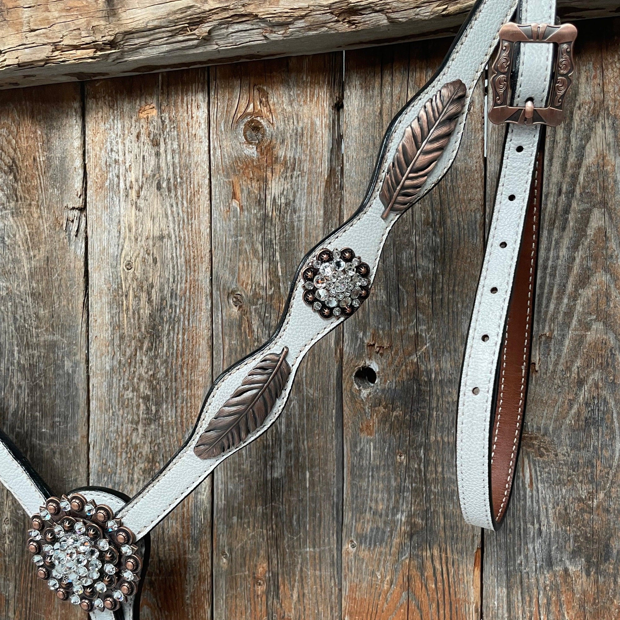 White Leather Copper Clear and Feather  Browband/One Ear Tack Set 