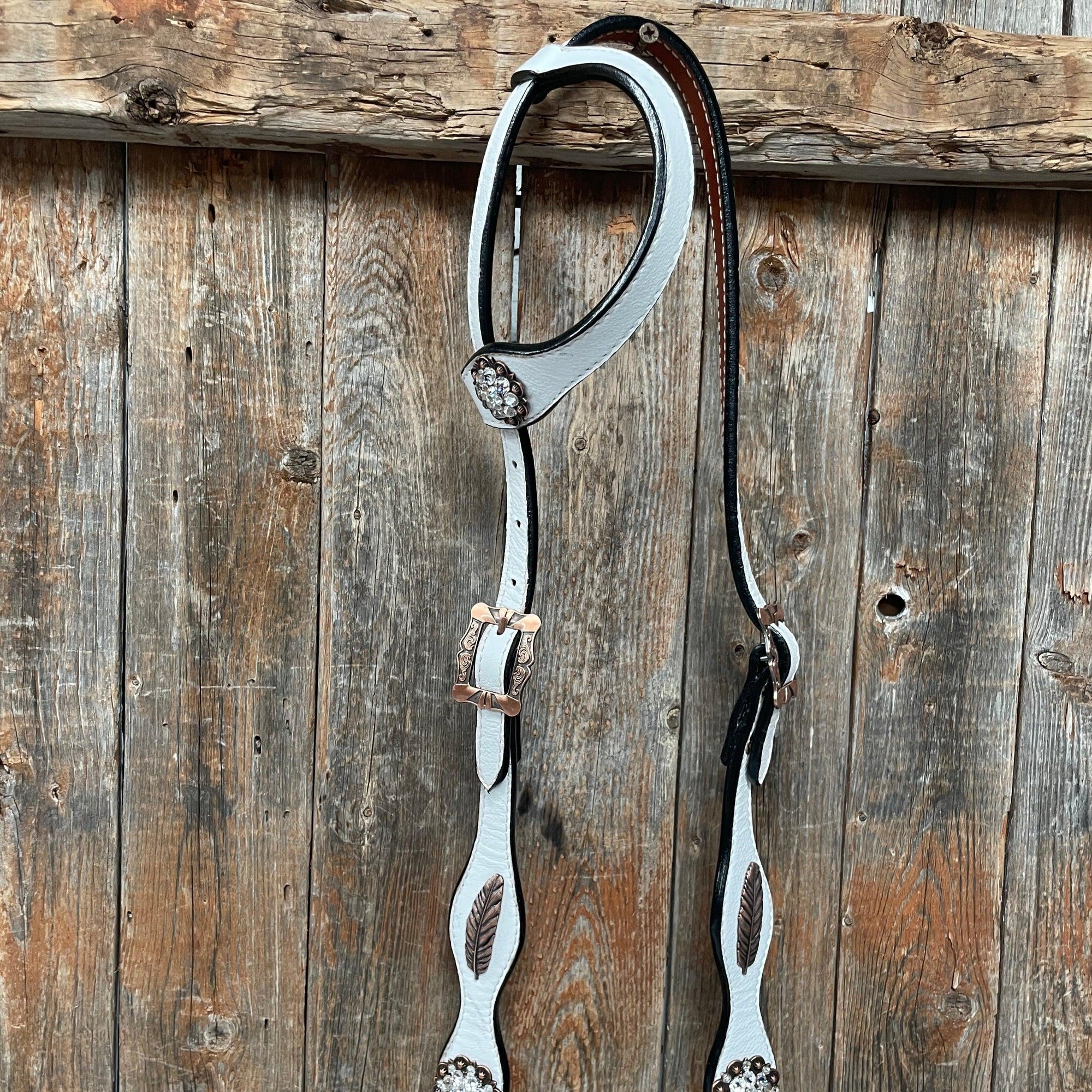 White Leather Copper Clear and Feather  Browband/One Ear Tack Set 
