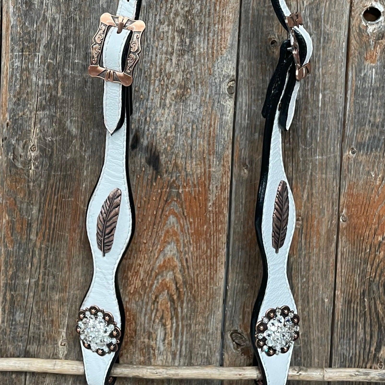 White Leather Copper Clear and Feather  Browband/One Ear Tack Set 