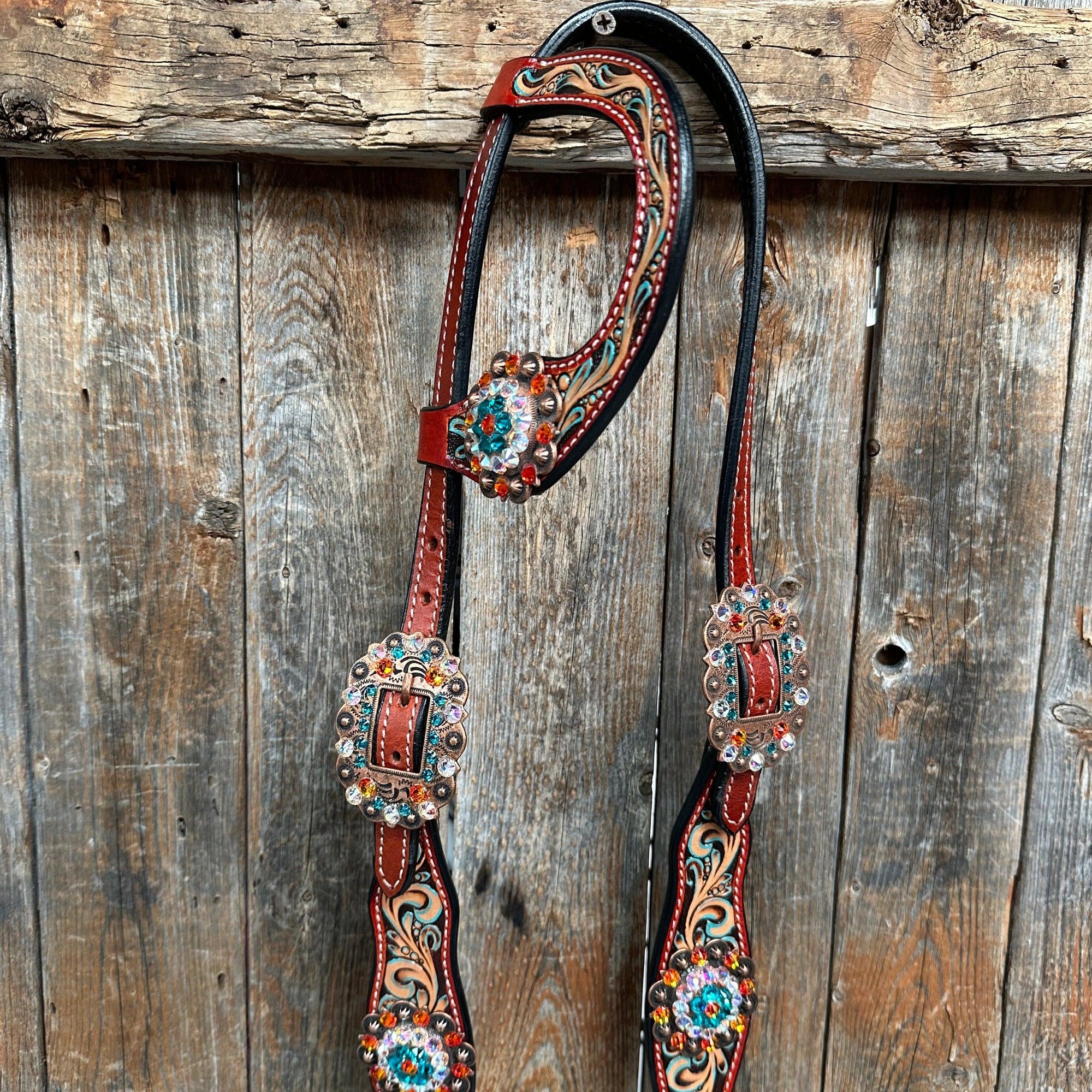 Rust Triangle Fire Opal and Teal One Ear/ Breastcollar Tack Set 