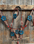 Rust Triangle Turquoise Flower One Ear/ Breastcollar Tack Set 