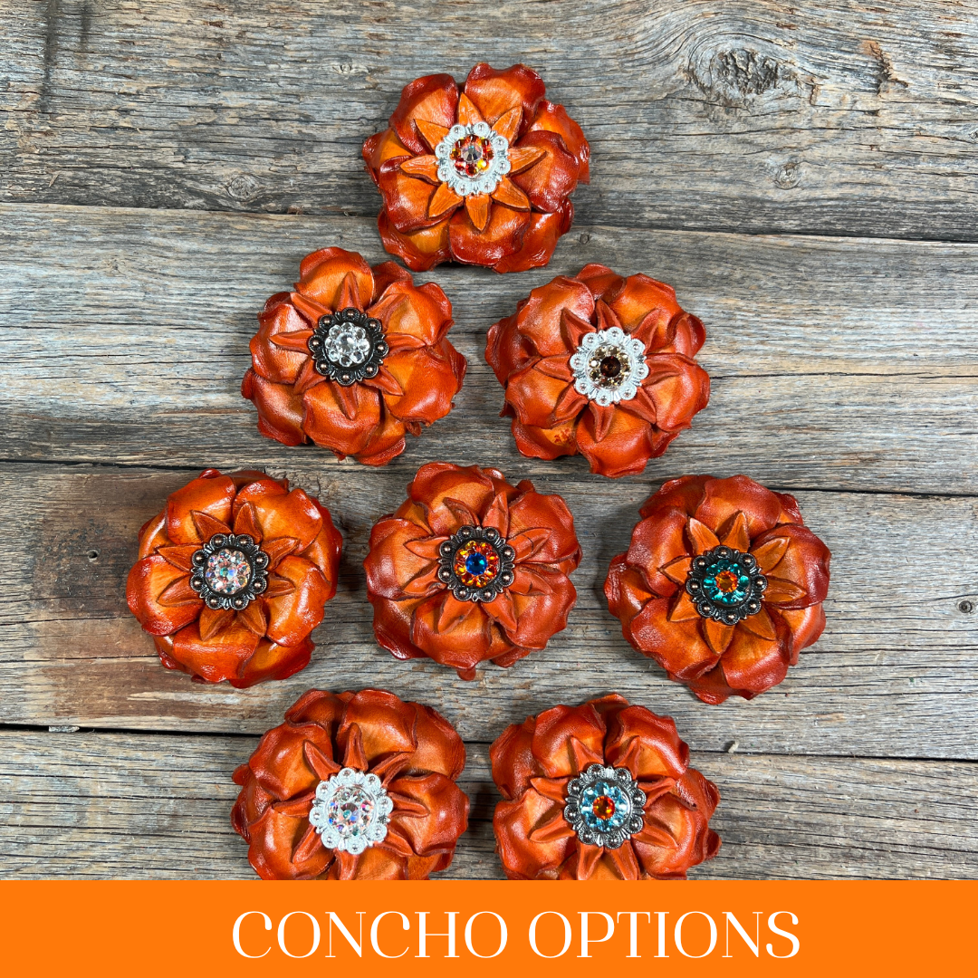 Orange Gardenia Leather Flowers - 1" Crystal Conchos - Options