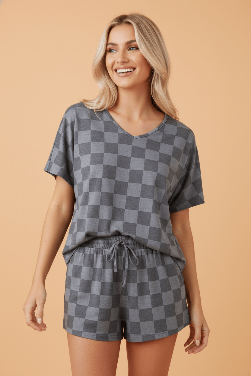 Checker V-Neck Tee &amp; Drawstring Shorts Set
