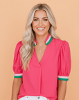 Colorblock Trim V-Neck Short Sleeve Blouse