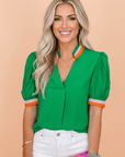 Colorblock Trim V-Neck Short Sleeve Blouse