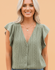 Lace Textured Flutter Sleeve Buttoned V-Neck Shirt