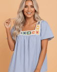Stripe Crochet Square Neck Textured Ruffle Sleeve Blouse