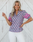 Floral Abstract V-Neck Ruffle Puff Sleeve Top