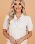 Solid Bow Tie V-Neck Puff Sleeve Blouse