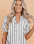 Stripe Frilled Tie-Neck Short Sleeve Blouse